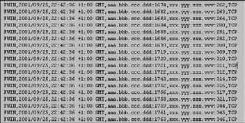 10..8-án Egy portpásztázás részletei a tûzfalprogram naplójában (személyiségi okok miatt a támadó és a megtámadott gép IP-címét aaa.bbb.ccc.ddd, illetve xxx.yyy.zzz.