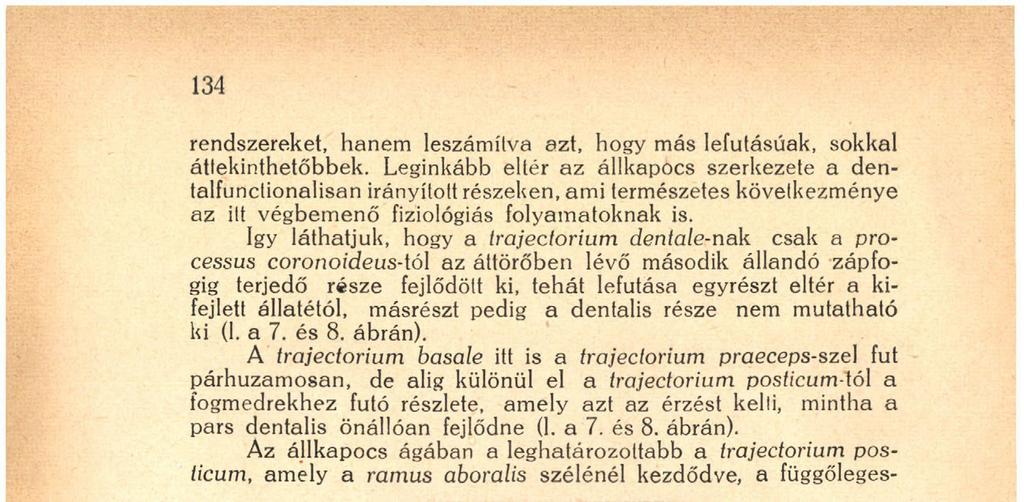 Az állkapocs ágában a leghatározoitabb a trajectorium posticum, amely a ramus aboralis szélénél kezdődve, a függőleges- 3. ábra.