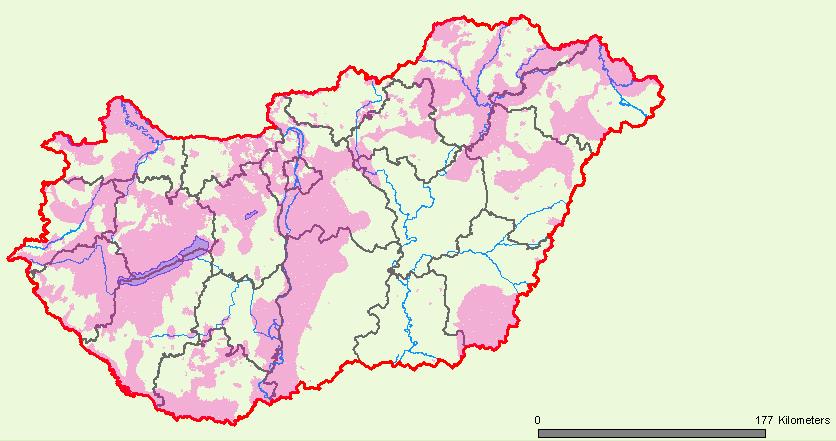 2. ábra. Magyarország nitrát érzékeny területei (rózsaszínnel) 2010 A leggyakrabban előforduló kumulátornövények: Termesztett növények: takarmányrépa (Beta vulgaris convar. crassa provar.