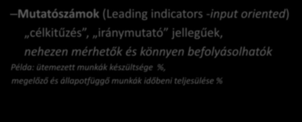 TELJESÍTMÉNYMUTATÓK Mutatószámok (Leading indicators -input oriented) célkitűzés, iránymutató jellegűek, nehezen mérhetők és könnyen