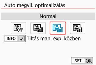 Az Alap zóna módokban a készülék automatikusan a [Normál] beállítást választja ki. 1 2 Válassza az [Auto Lighting Optimizer/Auto megvil. optimalizálás] lehetőséget.