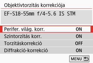 A rekesz jellegzetességei következtében csökkenő képélességet a diffrakciós jelenség okozza. Az objektívtorzítás különböző típusai korrigálhatóak. Alapértelmezés szerint a [Perifer. világ. korr.], a [Színtorzítás korr.
