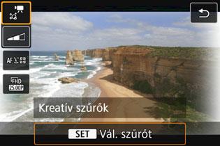 v Videofelvétel készítése kreatív szűrőeffektusokkal A <v> (Kreatív szűrők) módban öt szűrőeffektus közül választhat egyet (Álom, Régi filmek, Emlékek, Drámai fekete-fehér és