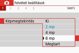 Praktikus funkciók 3 A képmegtekintési idő beállítása Beállíthatja, hogy a kép rögzítést követően mennyi ideig legyen látható az LCD-kijelzőn.
