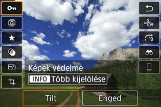 Q Gyorsvezérlés megjelenítéskor Ha megjelenítés közben megnyomja a <Q> gombot, a következőket állíthatja be: [J: Képek védelme], [b: Kép forgatása], [9: Értékelés], [U: Kreatív szűrők], [S: