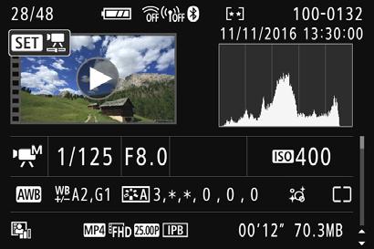B: Fénykép-információ megjelenítése Példa a videoinformációk megjelenítésére Megjelenítés Rekesz Záridő Videofelvételüzemmód/ Time-lapse videó Rögzítési formátum Videofelvétel mérete Képfrekvencia