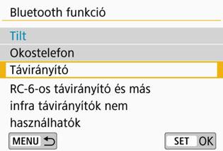 A BR-E1 használatához először párosítania kell a fényképezőgépet és a távirányítót (azaz regisztrálnia kell az eszközt a fényképezőgéppel). Párosítás 1 2 Válassza a [Vez.nélküli komm.