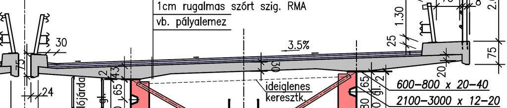 5.3.3. Az M35 autópálya Keleti Főcsatorna-híd mederhídja A felszerkezet nyitott I profilú, gerinclemezes, két kiékelt acél főtartós, vasbeton pályalemezzel merevített, ferde öszvér gerendahíd (5.6.