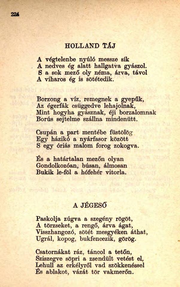 224 HOLLAND TÁJ A végtelenbe nyúló messze sík A nedves ég alatt hallgatva gyászol. S a sok mező oly néma, árva, távol A viharos ég is sötétedik.