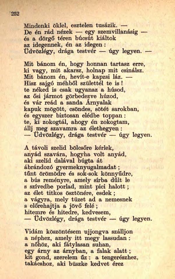Mindenki öklel, esztelen tusázik. De én rád nézek egy szemvillanásig és a dörgő téren búcsút kiáltok az idegennek, én az idegen : Üdvözlégy, drága testvér úgy legyen.