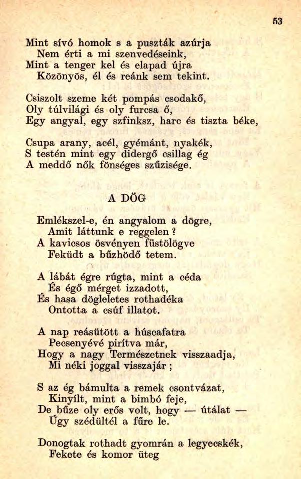 53 Mint sívó homok s a puszták azúrja Nem érti a mi szenvedéseink, Mint a tenger kel és elapad újra Közönyös, él és reánk sem tekint.