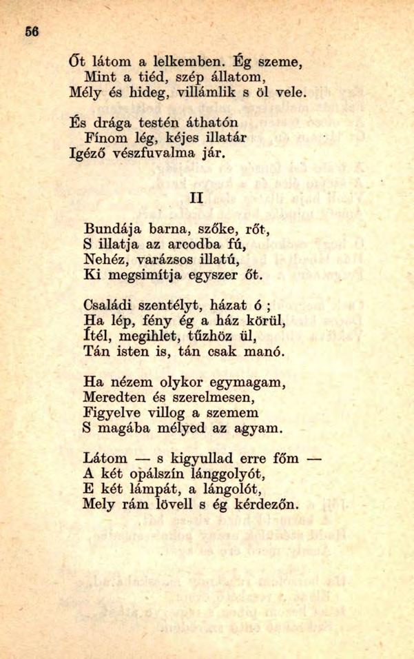 Űt látom a lelkemben. Ég szeme, Mint a tiéd, szép állatom, Mély és hideg, villámlik s öl vele. És drága testén áthatón Finom lég, kéjes illatár Igéző vészfuvalma jár.