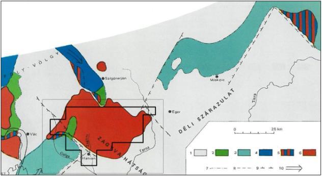 iránya Felső-badeni 1 szárazulat, 2 abráziós parti-, 3 partszegélyi-síkparti-, 4 nyíltvízi üledékek, 5 vulkanoszedimentek, 6 szingenetikus