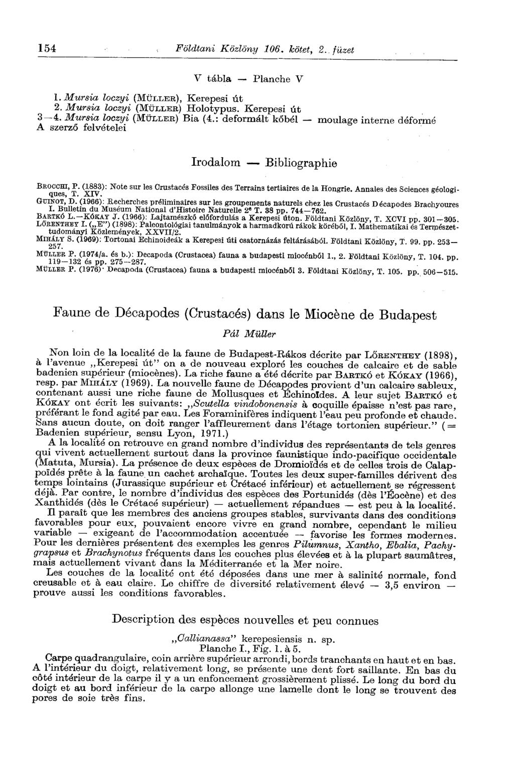 B K M 154 Földtani Közlöny 106. kötet, 2.. füzet 1. Mursia loczyi (MÜLLEB), Kerepesi út V tábla Planche V 2. Mursia loczyi (MÜXLEB) Holotypus. Kerepesi út 3^4. Mursia loczyi (MÜLLEB) Bia (4.
