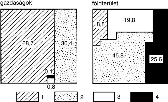 Történeti ökológiai alapok Ugyanezen statisztika 40 év múlva, 1935-ben (17. ábra) a nagybirtokok területcsökkenését, a törpe- és kisgazdaságok számának és területarányának növekedését mutatta.