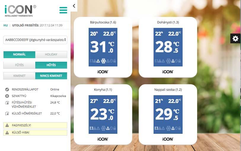 4. Rendszeradatok és hőmérséklet beállítás Az ÁTTEKINTÉS oldalon jelenik meg az icon rendszer és a csatlakoztatott termosztátok által mért adatok,