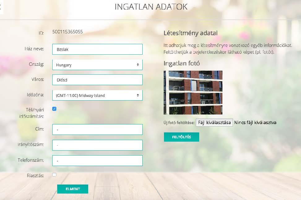 Ingatlan adatok beállítása, módosítása Az INGATLAN ADATOK oldalon beállítható a ház neve és adatai, valamint feltölthető a ház fotója is. A fotó csak jpg formátumban tölthető fel.
