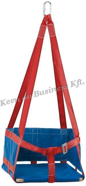 széles, poliészter felfüggesztési hevederek, rögzítő karabinerrel 18 cm széles állítható derékpárnázat, szerszámtartó hurkok 53 x 27 cm-es fa ülőlap, tépőzáras komfortszivaccsal és 3 karabinerrel