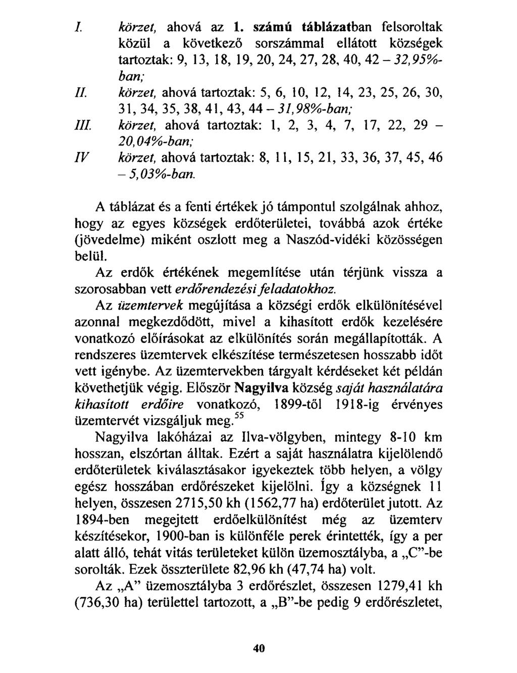 I. körzet, ahová az 1. számú táblázatban felsoroltak közül a következő sorszámmal ellátott községek tartoztak: 9, 13, 18, 19, 20, 24, 27, 28, 40, 42-32,95%- ban; II.