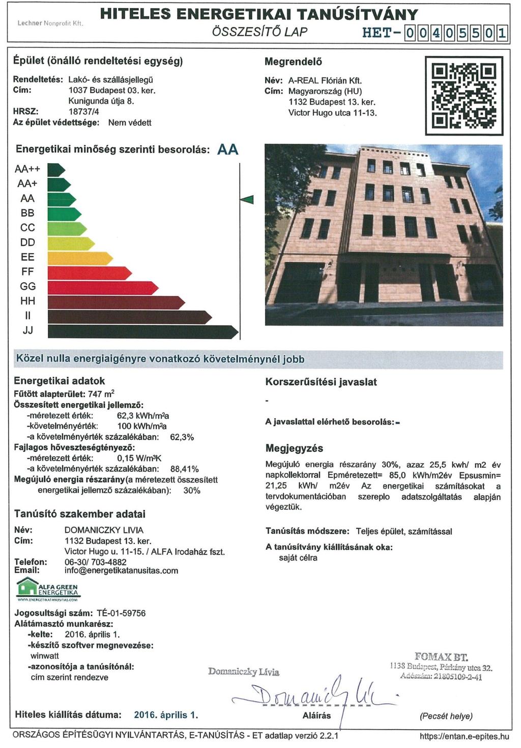 ENERGERTIKAI TANÚSÍTVÁNY Techno 1034 Budapest, Bécsi