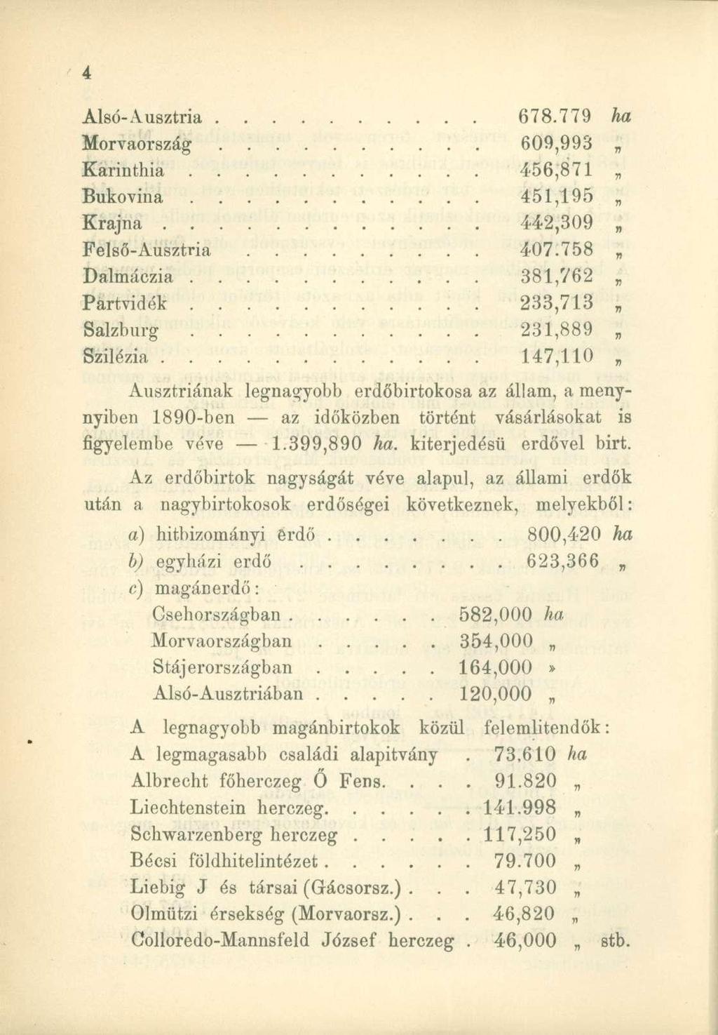 Alsó- Ausztria Morvaország Karinthia Bukovina Krajna.. Felső-Ausztria Dalmáczia. Pártvidék. Salzburg Szilézia. 678.779 ha. 609,993 456,871 ;.. 451,195......... 44-2,309 407.758.. 381,762 jj :.