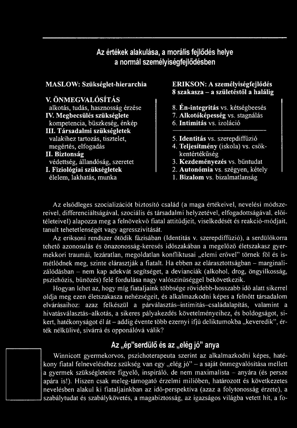 bizalmatlanság Az elsődleges szocializációt biztosító család (a maga értékeivel, nevelési módszereivel, differenciáltságával, szociális és társadalmi helyzetével, elfogadottságával, előítéleteivel)