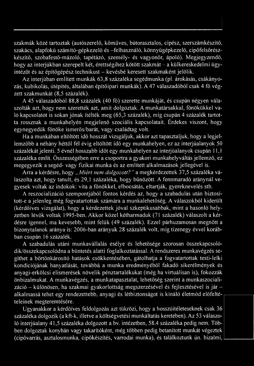 A 45 válaszadóból 88,8 százalék (40 fő) szerette munkáját, és csupán négyen válaszolták azt, hogy nem szerették azt, amit dolgoztak.