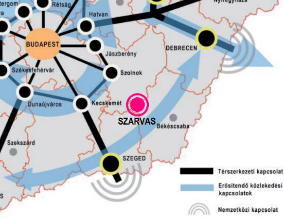 Szarvas Város Integrált Településfejlesztési Stratégiájának Megalapozó Vizsgálata HELYZETFELTÁRÓ- HELYZETELEMZŐ - HELYZETÉRTÉKELŐ MUNKARÉSZEK 26 Szarvas városa a Szeged-Debrecen és a