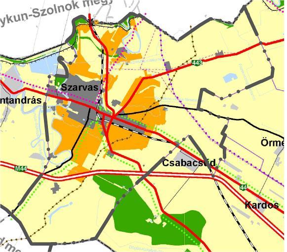 Szarvas Város Integrált Településfejlesztési Stratégiájának Megalapozó Vizsgálata HELYZETFELTÁRÓ- HELYZETELEMZŐ - HELYZETÉRTÉKELŐ MUNKARÉSZEK 39 Szarvas Város a megyei szerkezeti terven 15.