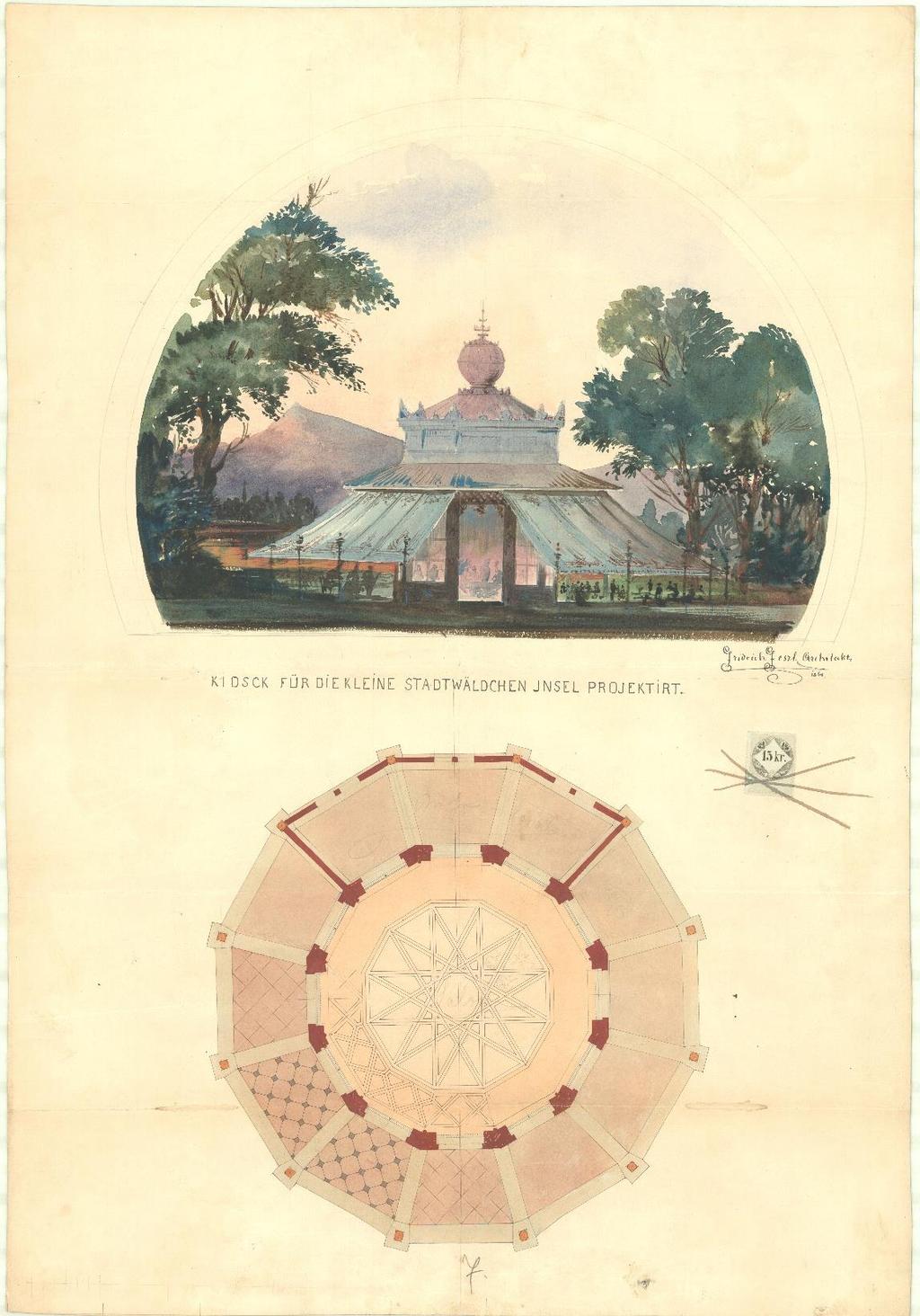 Feszl Frigyes látványterve és a mennyezet nézete Feszl Frigyes aláírása alatti évszám: 1860 1860.