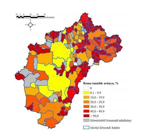 Roma tanulók aránya az általános iskolában 63 iskolai körzetben több, mint 50% a roma tanulók aránya (20 iskolai körzetben 70-90%-os az arány).