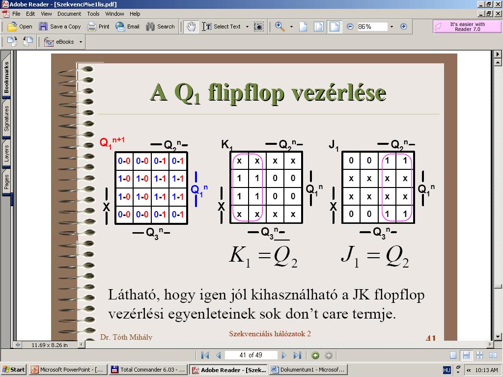 A Q 1 FLIP-FLOP VEZÉRLÉSE _ K 1 = Q 2 J 1 = Q 2 Látható, hogy igen jól kihasználhatók a JK