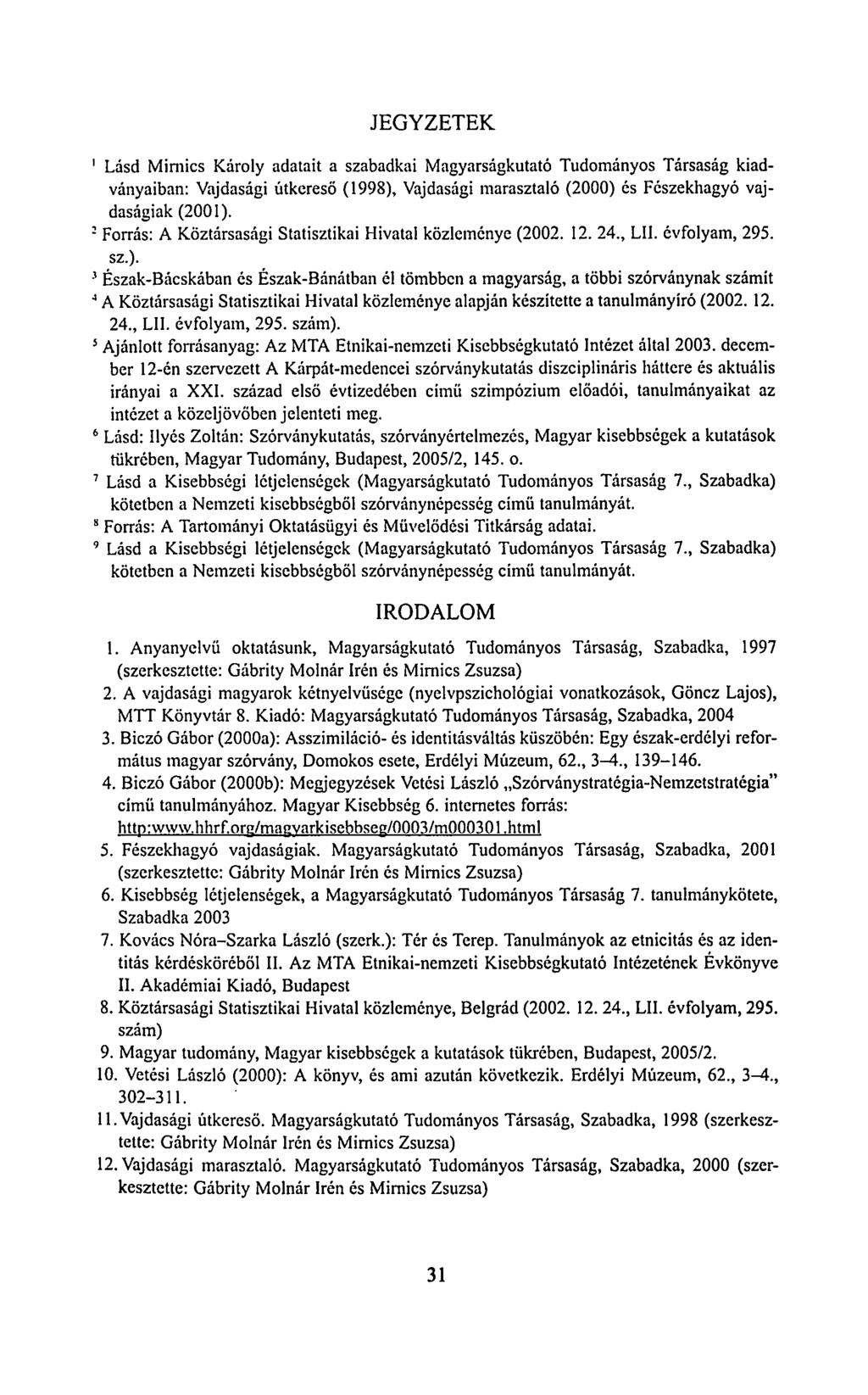 JEGYZETEK 1 : 3 J 5 6 7 8 9 Lásd Mirnics Károly adatait a szabadkai Magyarságkutató Tudományos Társaság kiadványaiban: Vajdasági útkereső (1998), Vajdasági marasztaló (2000) és Fészekhagyó