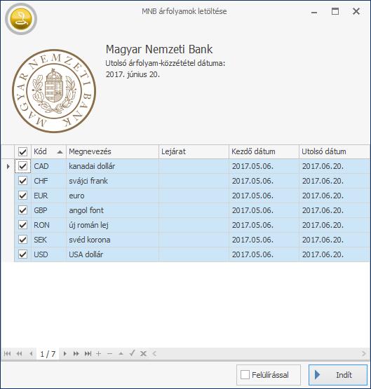 Kijelölhető, hogy mely devizanemekre lesz szükség és módosítani lehet a letöltendő időszakot is. Jelen verziótól programfejlesztésnek köszönhetően megújult az árfolyamokat tartalmazó tallózó ablak.