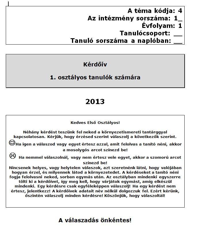 Alsós kérdőív Szocializáció, jólét, elégedettség (3 kérdés) Tanulási motiváció (3 kérdés) Tantárgyi