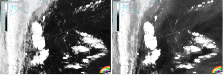 4. ábra: Bal oldali kép - Meteosat 8 IR 10.8, jobb oldali kép - Meteosat 8 WV 6.2 csatornában készült műholdképek, 2005. 05. 30.