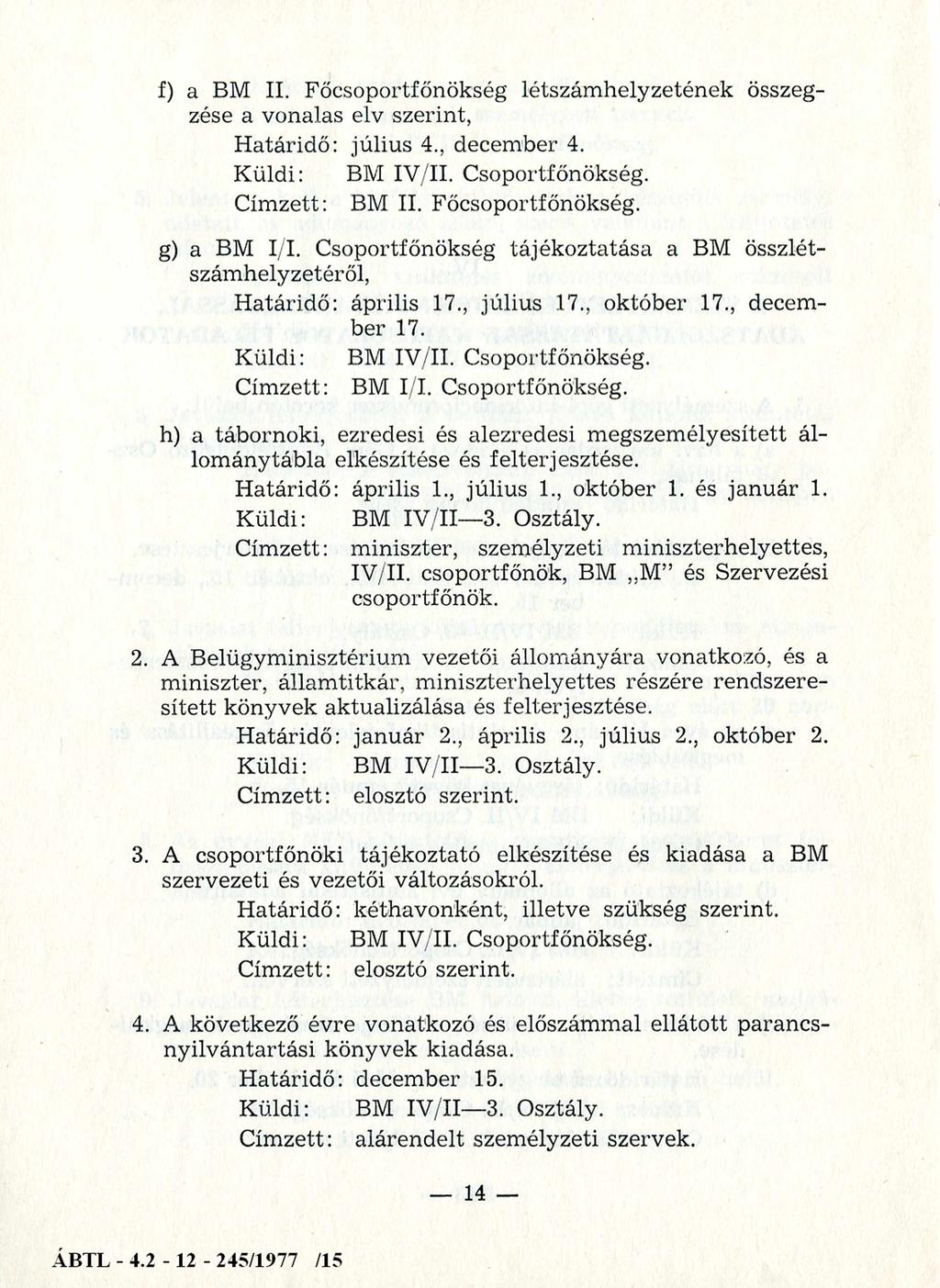 f) a BM II. Főcsoportfőnökség létszámhelyzetének összegzése a vonalas elv szerint, Határidő: július 4., december 4. Címzett: BM II. Főcsoportfőnökség. g) a BM I/I.