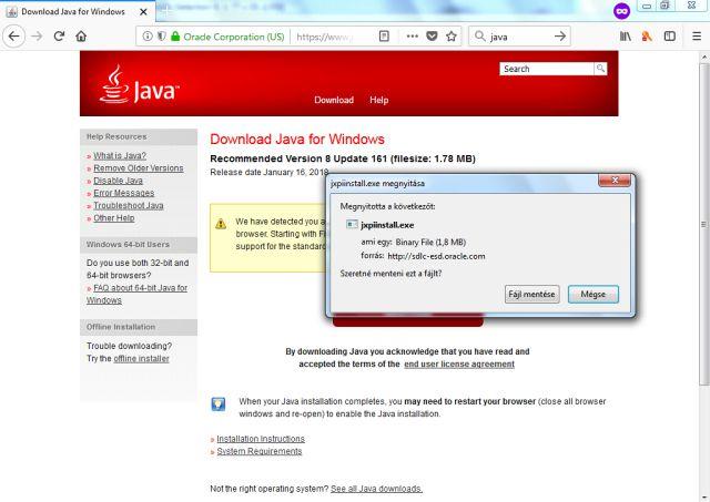 JAVA telepítése Az egyik legfontosabb követelmény a Java telepítésekor, hogy teljes adminisztrátori jogosultságokkal rendelkező felhasználói profillal legyünk