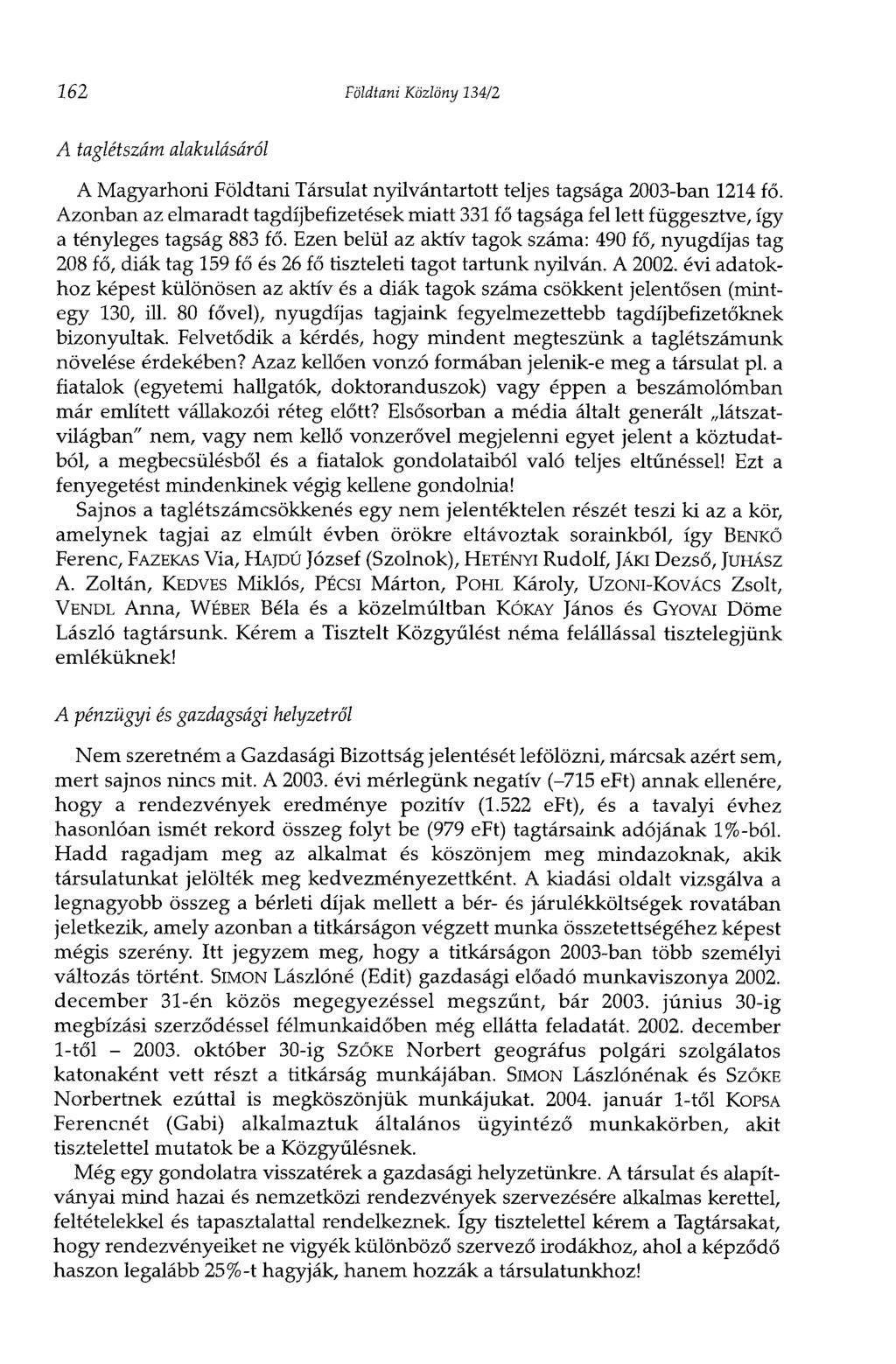 262 Földtani Közlöny 134/2 A taglétszám alakulásáról A Magyarhoni Földtani Társulat nyilvántartott teljes tagsága 2003-ban 1214 fő.