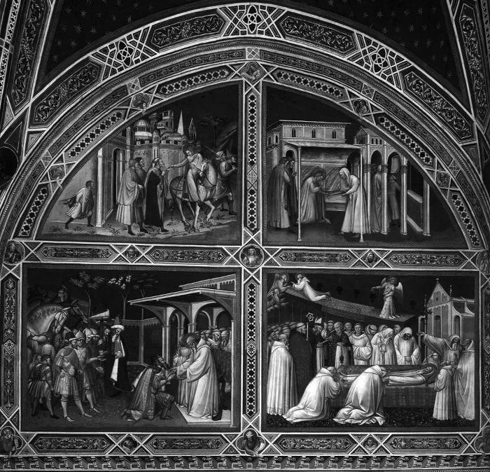 104 HÍVÓSZÓ 5. Spinello Aretino: Négy jelenet Szent Benedek életéből. Firenze, San Miniato al Monte, sekrestye, déli fal kájának tudománytörténeti helyét.
