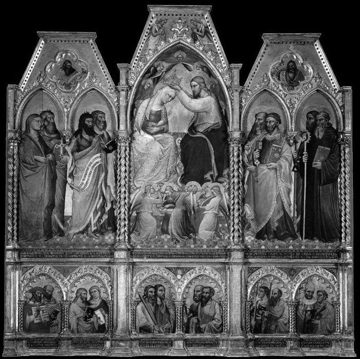 MAGYAR MÛVÉSZETTÖRTÉNÉSZEK A VÉSZKORSZAKBAN 105 6. Spinello Aretino: Mária koronázása (triptichon középső táblája).