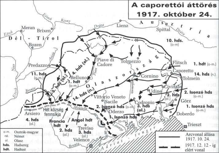 116 Hadtörténelem HSz 2017/5. 1. ábra A caporettói áttörés. 1917. október 24. Forrás: Balla Tibor: A caporettói áttörés (1917. október 24.). In Hermann Róbert (szerk.