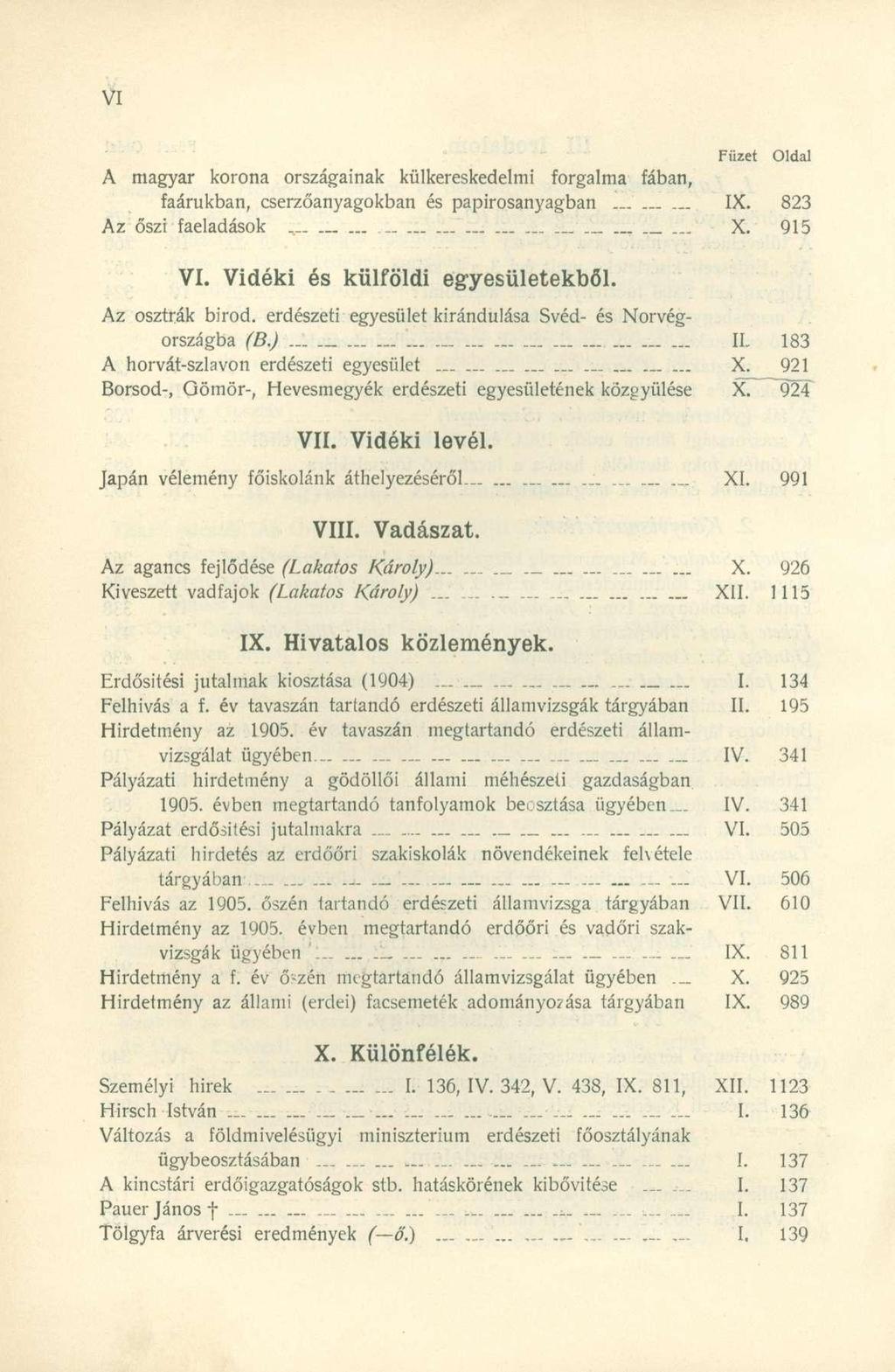 A magyar korona országainak külkereskedelmi forgalma fában, faárukban, cserzőanyagokban és papirosanyagban... IX. 823 Az őszi faeladások X. 915 VI. Vidéki és külföldi egyesületekből. Az osztrák birod.