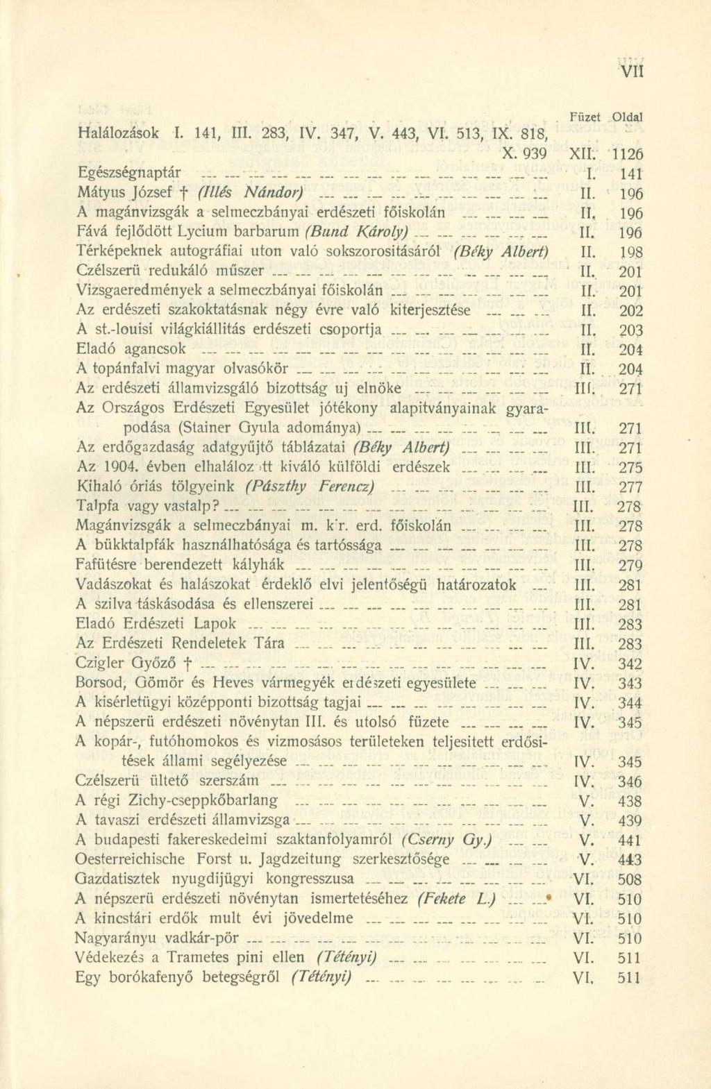 Halálozások I. 141, III. 283, IV. 347, V. 443, VI. 513, IX. 818, X. 939 XII. 1126 Egészségnaptár......... I. 141 Mátyus József f (Illés Nándor) _ :.. II. 196 A magánvizsgák a selmeczbányai erdészeti főiskolán II.