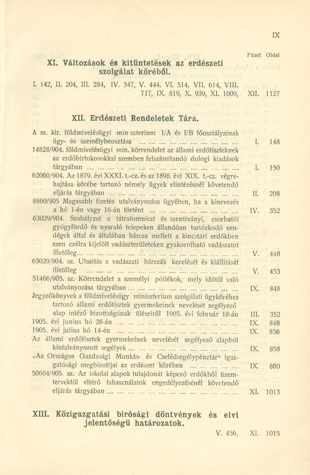 XI. Változások és kitüntetések az erdészeti szolgálat köréből. I. 142, II. 204, III. 284, IV. 347, V. 444. VI. 514, VII. 614, VIII. 717, IX. 819, X. 939, XI. 1009, XII. 1127 XII.