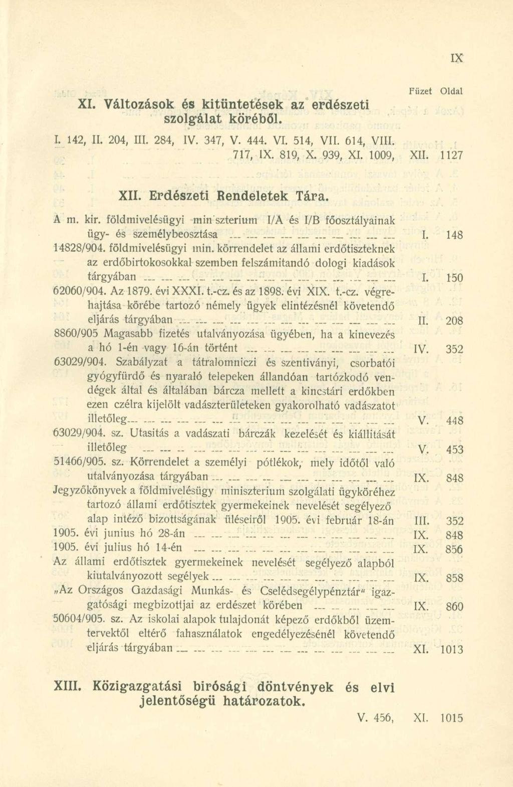 XI. Változások és kitüntetések az erdészeti szolgálat köréből. I. 142, II. 204, III. 284, IV. 347, V. 444. VI. 514, VII. 614, VIII. 717, IX. 819, X. 939, XI. 1009, XII. 1127 XII.