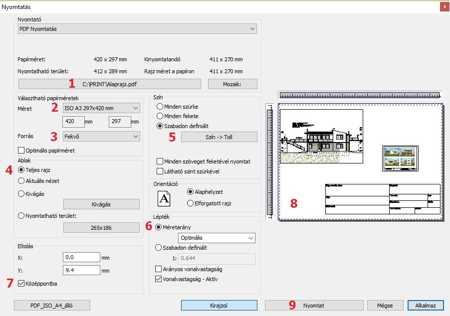 Nyomtatás PDF formátumba A tervlap PDF-be való nyomtatása a következők szerint történik: Válassza a Fájl/ Nyomtatás PDF-be parancsot és állítsa be a következőket a megnyíló párbeszédablakban: Fájl: