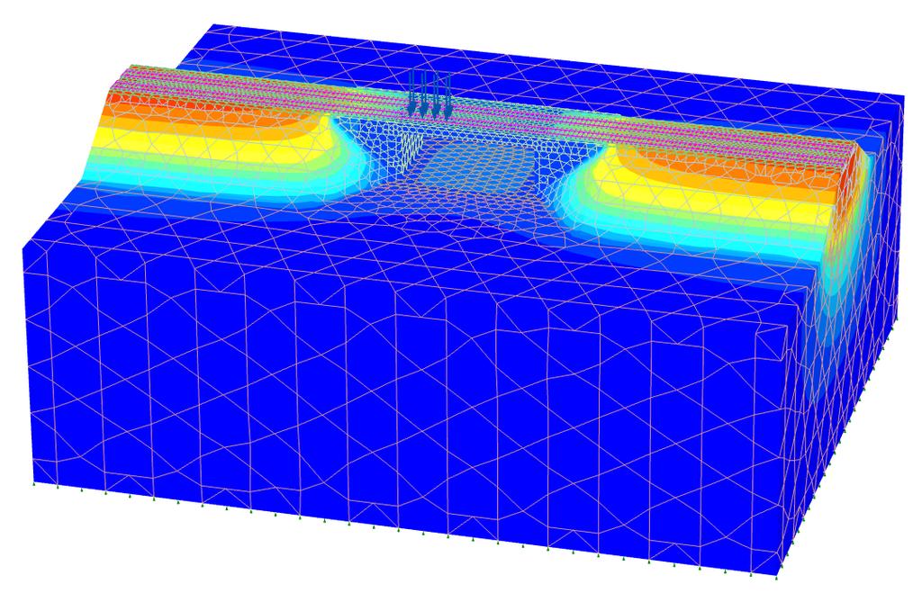 4. GEOTECHNIKAI SZÁMÍTÓGÉPES MODELLEZÉSI EREDMÉNYEK Teljes süllyedés, a jármű a hídon halad Értékelési ütem Mértékegység Süllyedés értéke Építés után a süllyedés a folyópályán [mm] 253 Teher