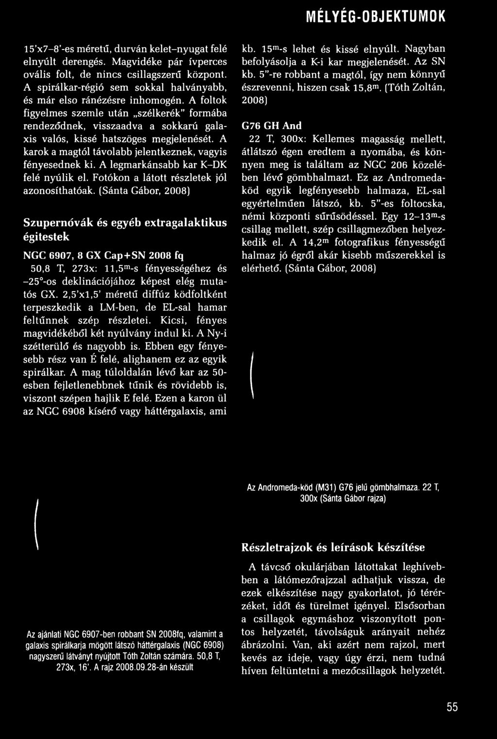 (Sánta Gábor, 2008) Szupernóvák és egyéb extragalaktikus égitestek NGC 6907, 8 GX Cap + SN 2008 fq 50,8 T, 273x: l l,5 m-s fényességéhez és -25 -os deklinációjához képest elég mutatós GX.