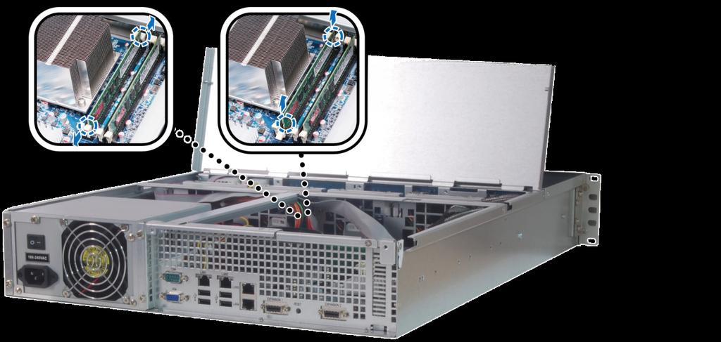 A RAM modul eltávolítása a RackStationből 1 A RackStation fedőlapjának eltávolításához kövesse A RAM modul behelyezése című fejezet 1. és 2. lépését. 2 Távolítsa el a RAM modult.
